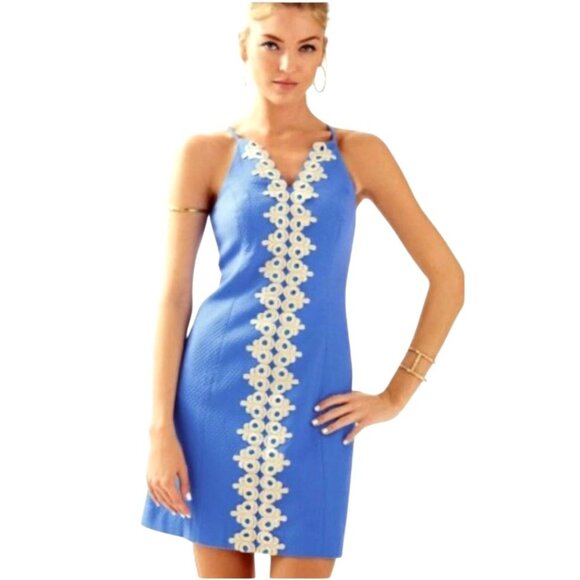 Lilly Pulitzer Dresses & Skirts - Lilly Pulitzer Dress Women 0 Blue Gold Embroidered Lace Pearl Sheath Mini Preppy